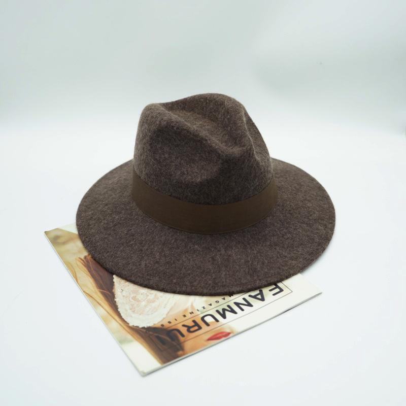 French Japanese Retro Elegant Brown Coffee Mocha Camel Wide Brim Wool Woolen Jazz Top Hat Women'S Autumn And Winter Felt Tide