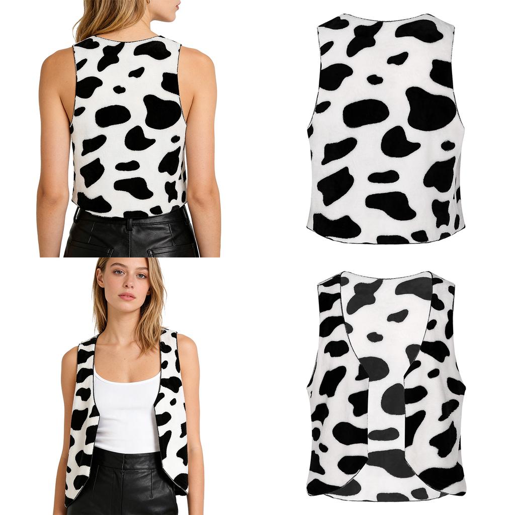 Women Western Cowgirl Halloween Masquerade Party Costume Cow-spot Print Flannel Vest V Neck Open Front Sleeveless Tank Top