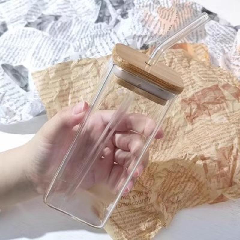 Square Glass Water Cup with Lid - Transparent Minimalist Heated Cup for Home Use, Coffee Cup, Juice Cup, Korean Style