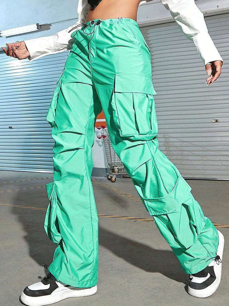 Rose Beauty A Flap Pockets Drawstring Ruched Cargo Parachute Pants