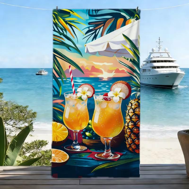 Super Sized Soft Ultra-fine Fiber Beach Towel Themed Tropical Beverage Pattern Quick Drying and Sand Prevention Fitness Yoga