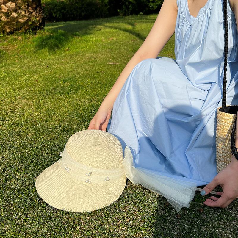 Versatile Hat Style Straw Woven Sweet Bow Pearlwomens Sunshade Hatscaps