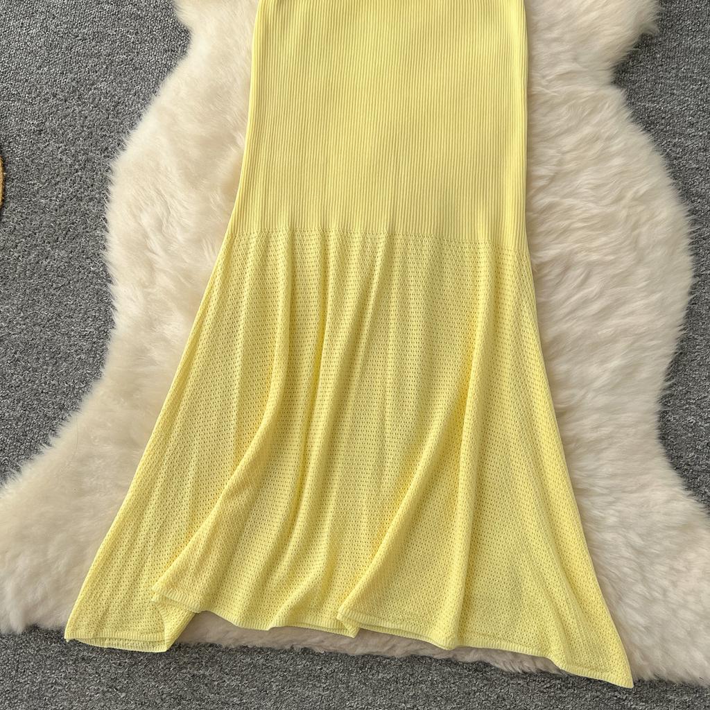 Summer Women Casual O-neck Sleeveless Hollow Out Knitted Sweater Slim Bodycon Fishtail Dresses