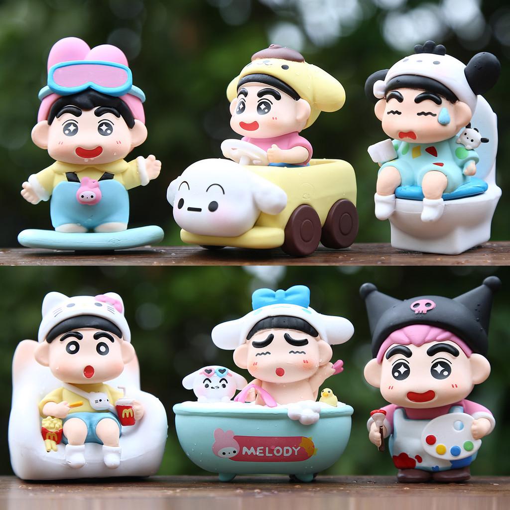 6pcs Crayon Shin Chan Bathing Driving Scene Model Ornament Set For Collectors And Kids