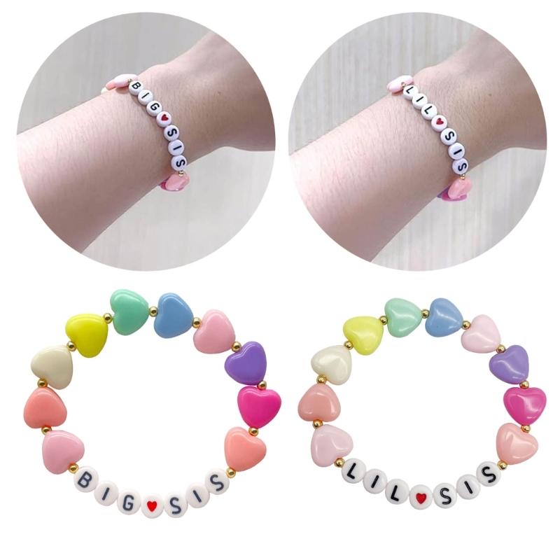 2Pcs Colorful Bead Sister Handchain Set Lettered Bangles Handcrafted Heart Bracelets for Siblings Friendship Bangle