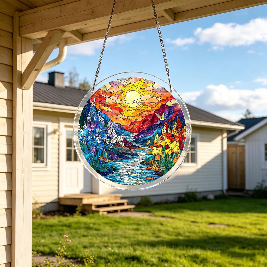 1cm Acrylic Puzzle Suncatcher Hanging Decoration Round Shape Landscape Design with Interlocking Pieces for Window Display and Room Ornament