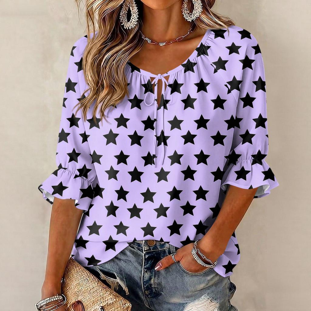 Women's Round Neck Three-Quarter Sleeve Blouse with Star Print and Ruffle Hem Tie