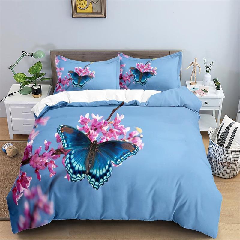 Soft Butterfly Floral Duvet Cover Queen Size For Adults Kids Girls Teens Bedroom Decor Flowers 3D Print Bedding Set Pillowcases