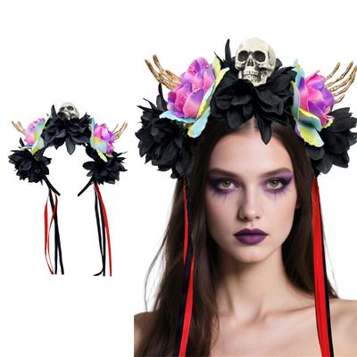Straszna Opaska na Głowę Czaszka Kwiatowa Elastyczna Wygodna Halloweenowa Ozdoba do Włosów na Imprezę Dla Dorosłych Nastolatków Unisex Dekoracja do Kostiumu