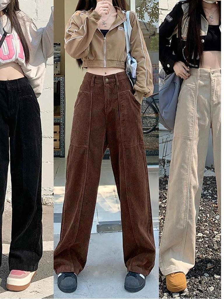Samt Cordhose Retro Braun Herbst/Winter Weites Bein Messerhose für Damen Groß Hohe Taille Lange Leggings