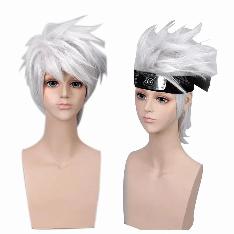 Anime Hatake Kakashi Short Synthetic Wigs Silver White Layered Heat Resistant Hair Cosplay Costume Wig