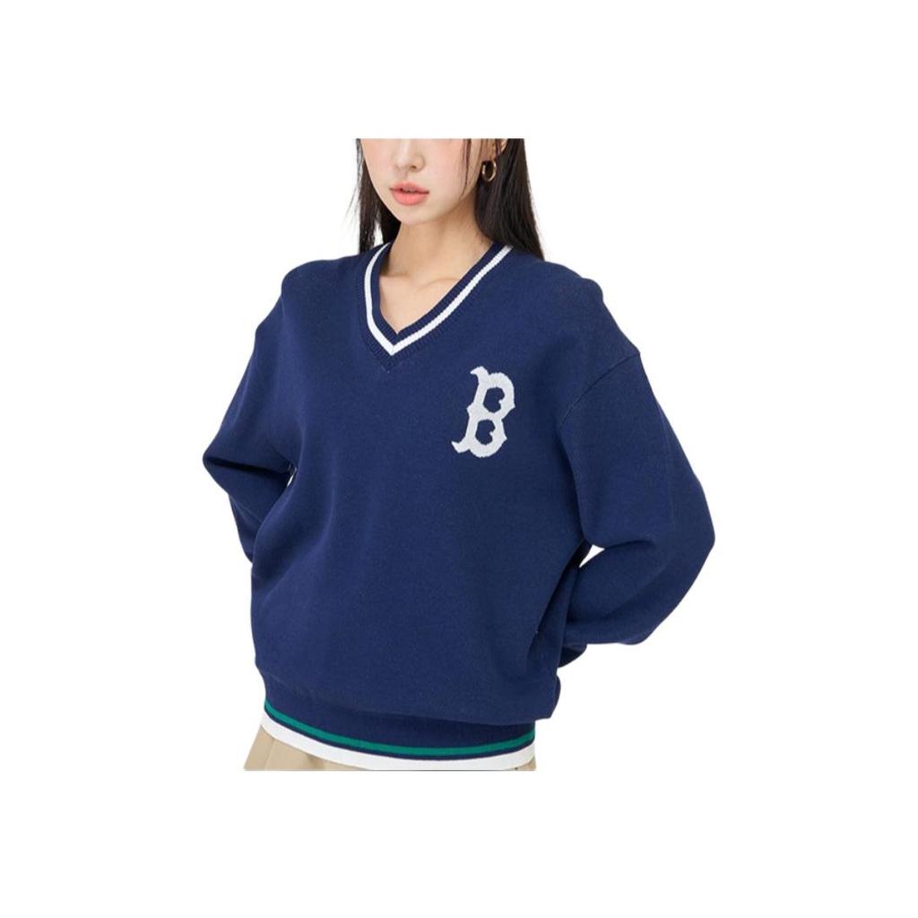MLB Letter Print V-Neck Long Sleeve Sweater Unisex Sweater Blue 3AKPV0141-43NYS