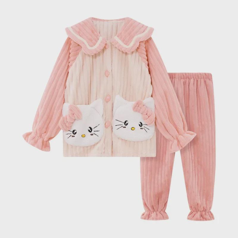Kids' Flannel Cartoon Pajamas - Warm Coral Fleece for Girls, Autumn/Winter Collection