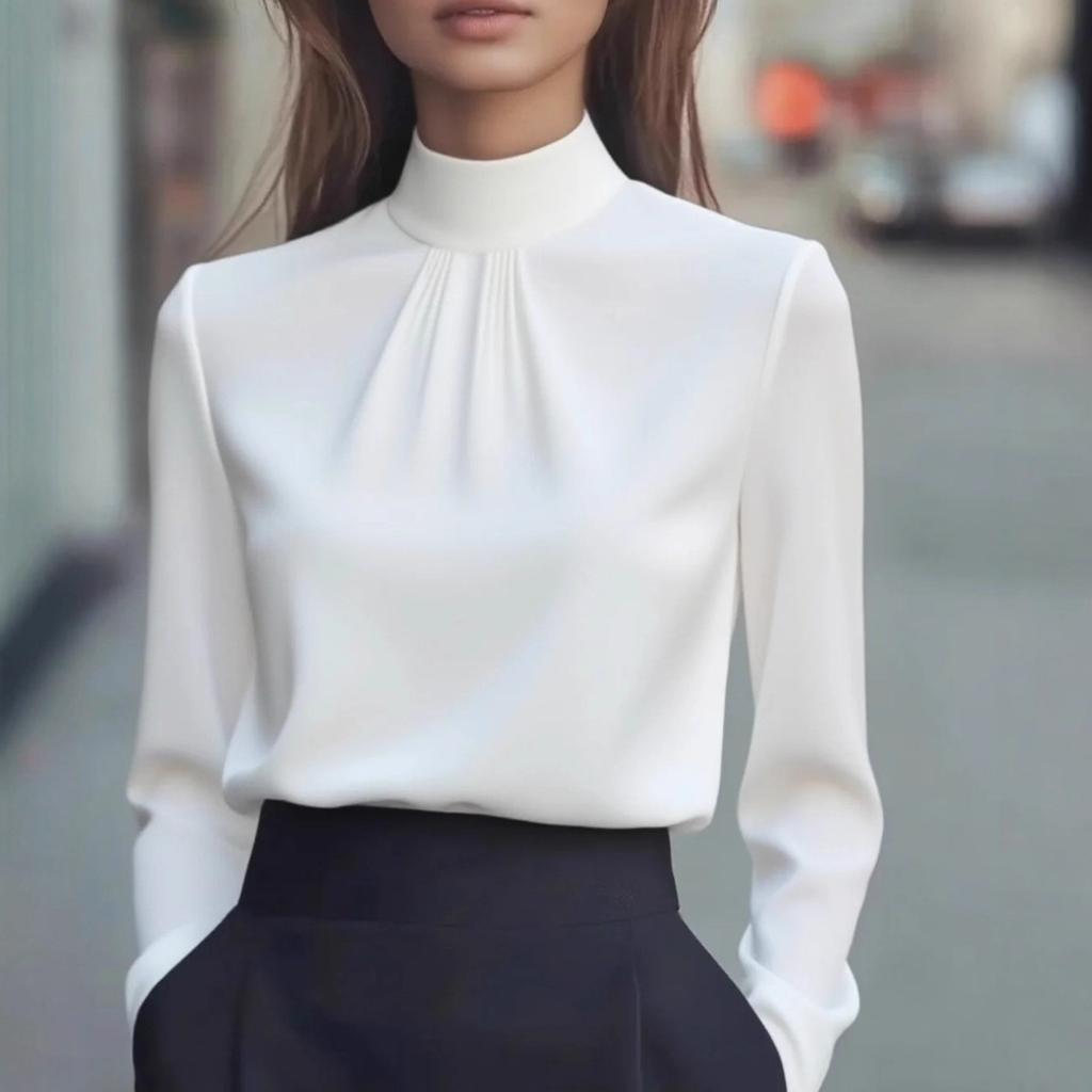 Women's Satin Shirt with Stand Up Collar and Pleated Long Sleeved Top, Elegant and Slimming Shirt for Commuting In The Workplace