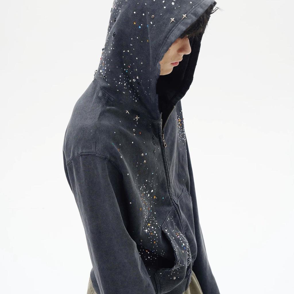 Giacca con Cappuccio Manica Lunga con Zip Unisex Oversize Streetwear Vintage Lavato Felpa con Stelle e Strass Cappotto