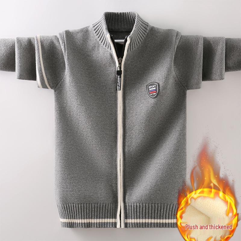 Boys' & Girls' Zip-Up Baseball Jacket, Fleece-Lined Knitted Cardigan for Kids, Spring/Autumn Style