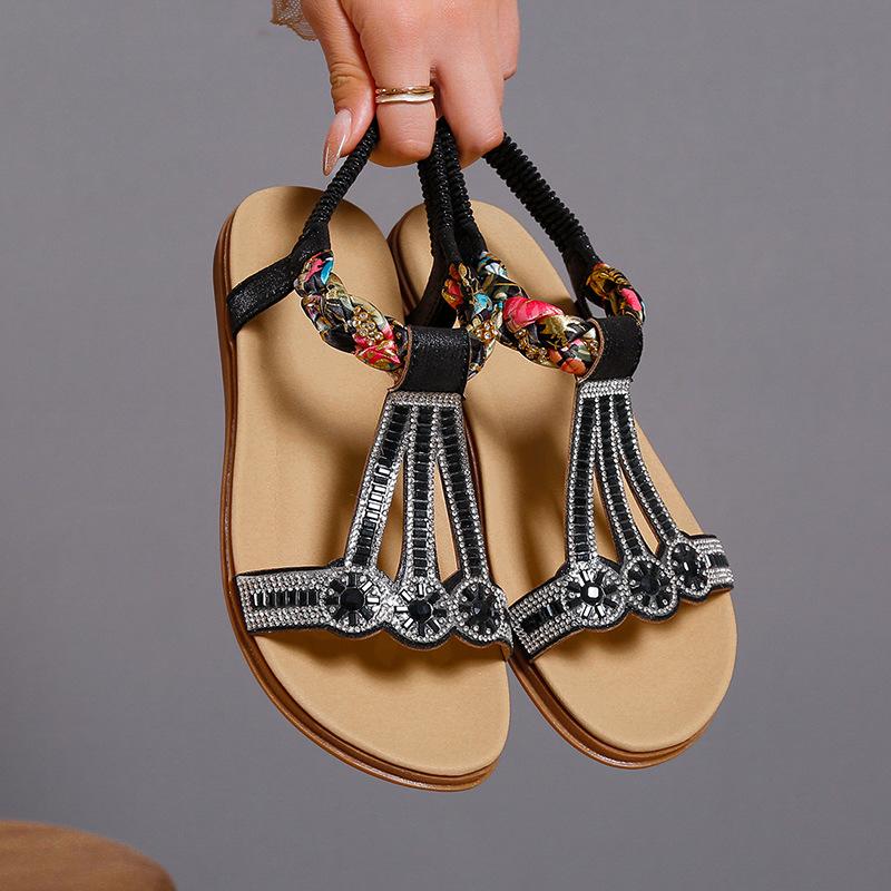 

Large size sandals women s summer new bohemian rhinestone elastic beach women s sandals 42 чёрный