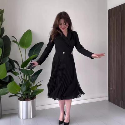 Autumn 2024 European and American High-Waisted Pleated Lapel Dress for Women