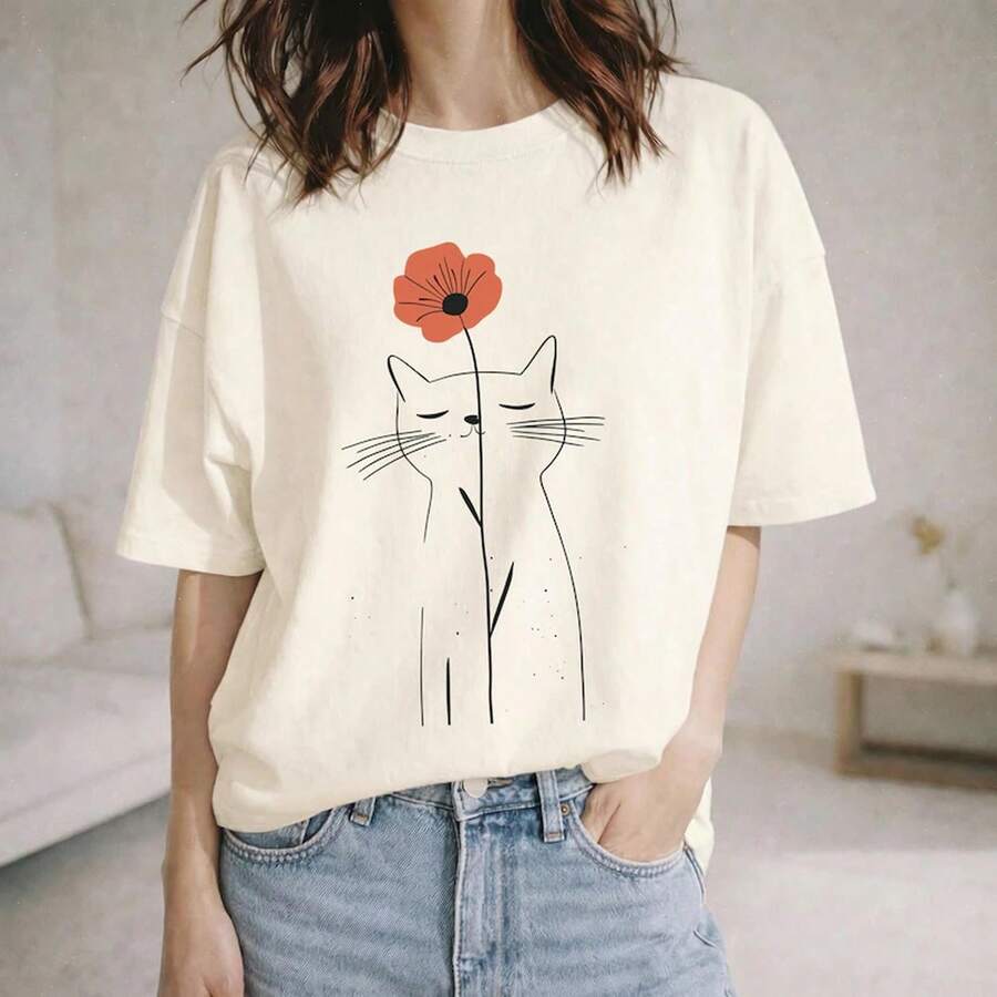 Loose Crew Neck Minimalist Line Art Cat And Floral Print Cute Gift For Cat Lovers Aesthetic Casual Daily Tops Multicolors