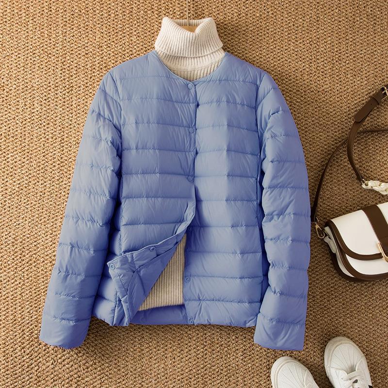 Autumn and Winter Light and Thin Round Neck Down Jacket Women's V-neck Fashion and Casual Short Collarless Duck Down Liner Women's Jacket