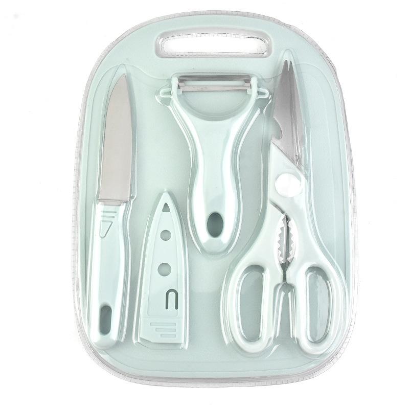 

Набор кухонных инструментов из 4 предметов: нож для фруктов, ножницы, овощечистка, разделочная доска, тесак для мяса, очистка овощей, гриль, набор кухонных принадлежностей небесно-голубой