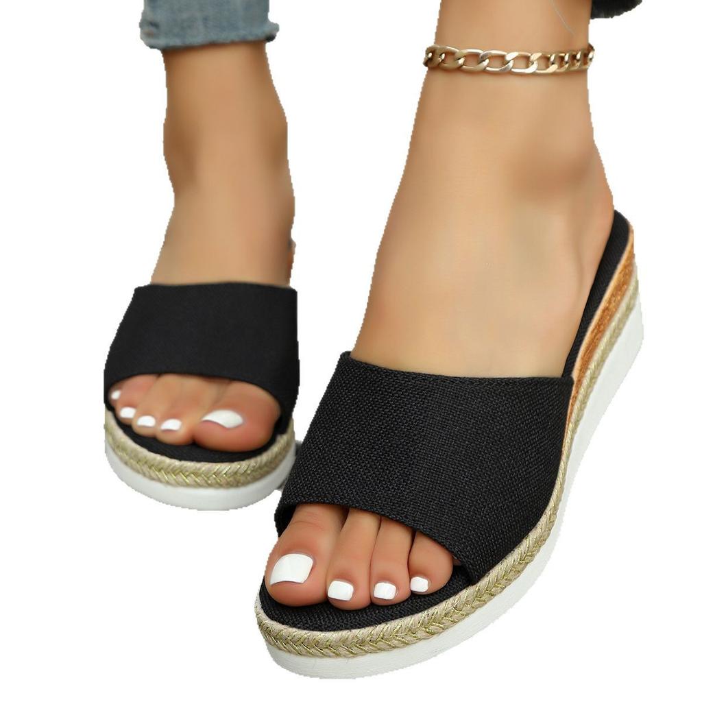 New Muffin and Open-toed Cold Slippers, One-word Dragging Hemp Rope Platform Women's Shoes On Cloth