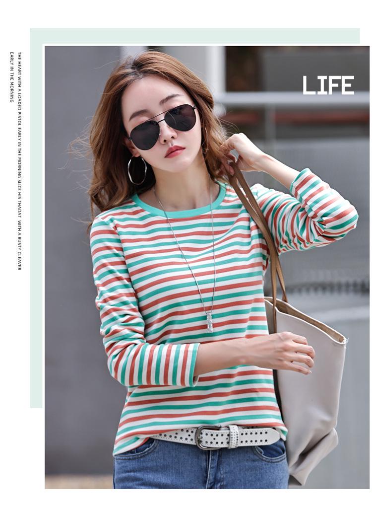 2024 Autumn/Winter Women's Korean Style Striped Long Sleeve Round Neck T-shirt, Thickened Base Layer Top