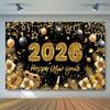 Black Gold 2026 New Year Backdrops Polyester Night Glittering Party Background Colorful Balloon Champagne Photo Background