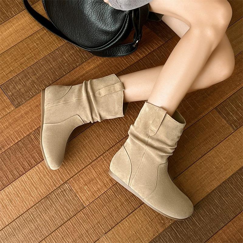 Cowhide version~ retro inner height increase small short boots women's western boots autumn and winter sleeve round head stacking boots slim sh