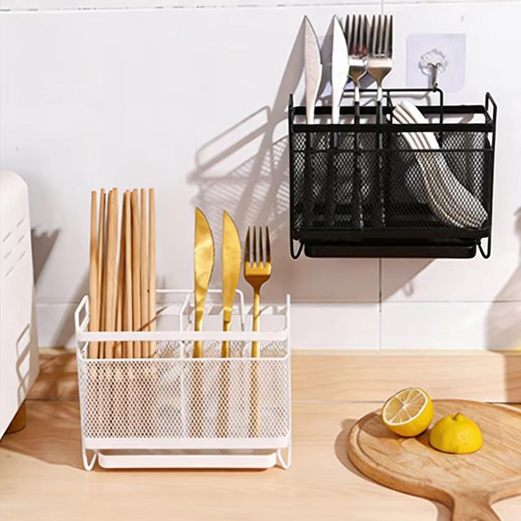 Creative Kitchen Countertop Organizer Mesh Cutlery Holder with Drainage Tray Multipurpose Utensil Storage Rack for Forks Knives Chopsticks