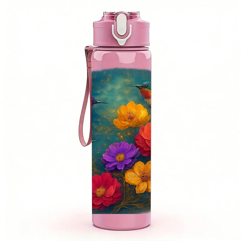 1PC Colorful Round Bouquet Flower Print 750ml Color Plastic Sports Water Bottle Leakproof Flip Straw Lid Suitable for Sports Office Home Use