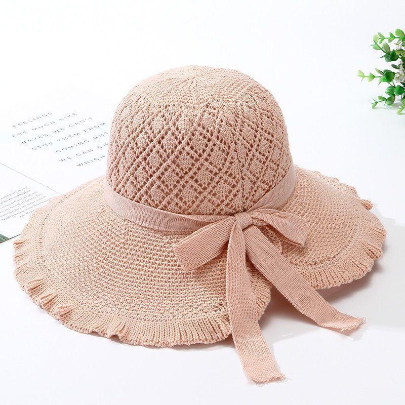 Women's Fringe Edge Crochet Sun Hat Wide Brim UV Protection Summer Hat with Bow Breathable Foldable Beach Hat