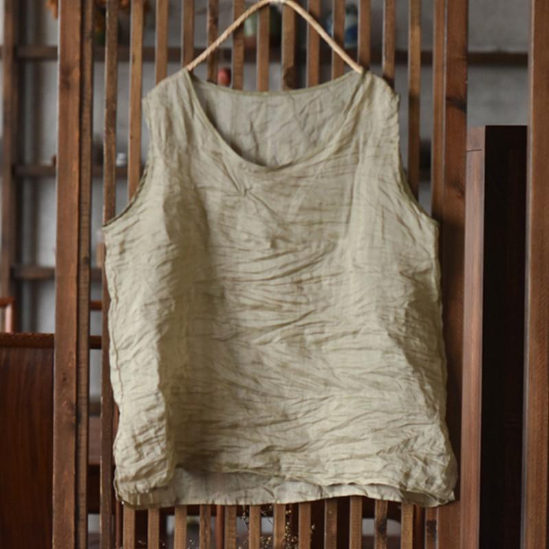 Johnature Women Vintage Tank Tops Solid Color O-Neck Cloths Summer Loose Casual Women Tank