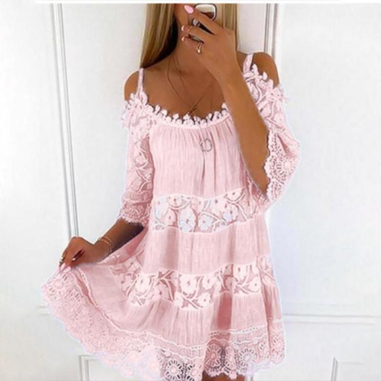 Sommer Strandkleid Cold Shoulder Minikleid Damen Stickerei Häkelspitze Rundhalsausschnitt Halbe Ärmel Lockerer Schnitt Mittlere Taille