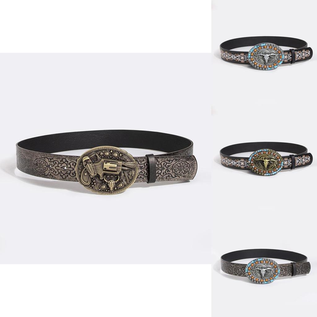 Vintage Turquoise Carved Sheep Head Embroidered Leather Belt For Fashion Enthusiasts