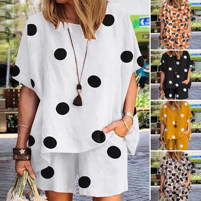 Women Tracksuits Round Collar Exquisite Pattern Cotton Flax Women Print Blouse Elastic Shorts Birthday Gift