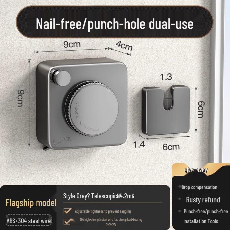 Indoor Retractable Clothesline - Invisible, No-Punch Installation for Bathroom or Balcony