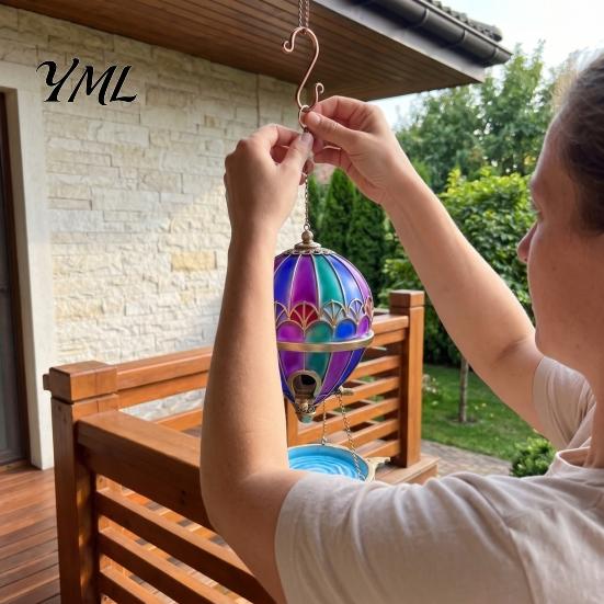 Patio Porch Bird Decor Stained Glass Hot Air Balloon Feeder Fountain, Hanging with Water Fountain Easy Fill Tray, Vintage Bronze Outdoor Garden