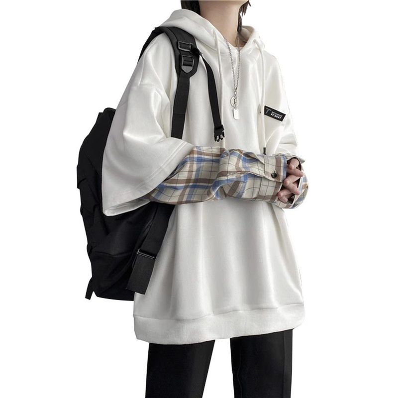 BF Autumn Ins Fake Two-Piece Plaid Hoodie