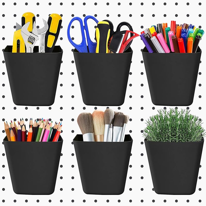 6Pack Pegboard Cups, Large Pegboard Bins with Hooks, Square Box Shape Pegboard Cup Holder Accessories for Garage Office Craft Room DIY Tools Playroom
