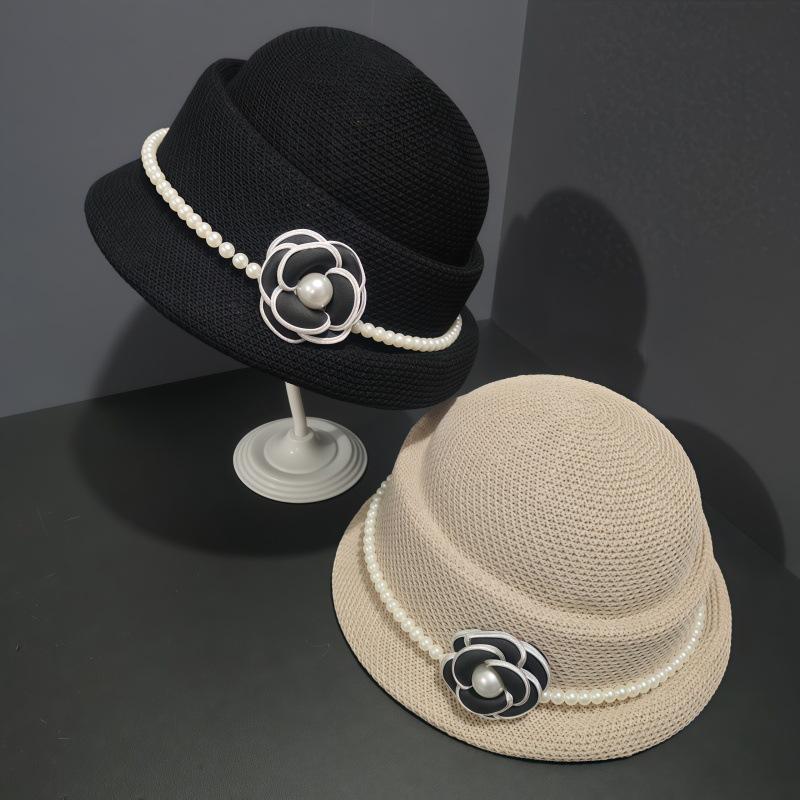 Hepburn Camellia Pearl Top Hat Women's Summer French Retro Elegant Curled Beret Small Bucket Hat