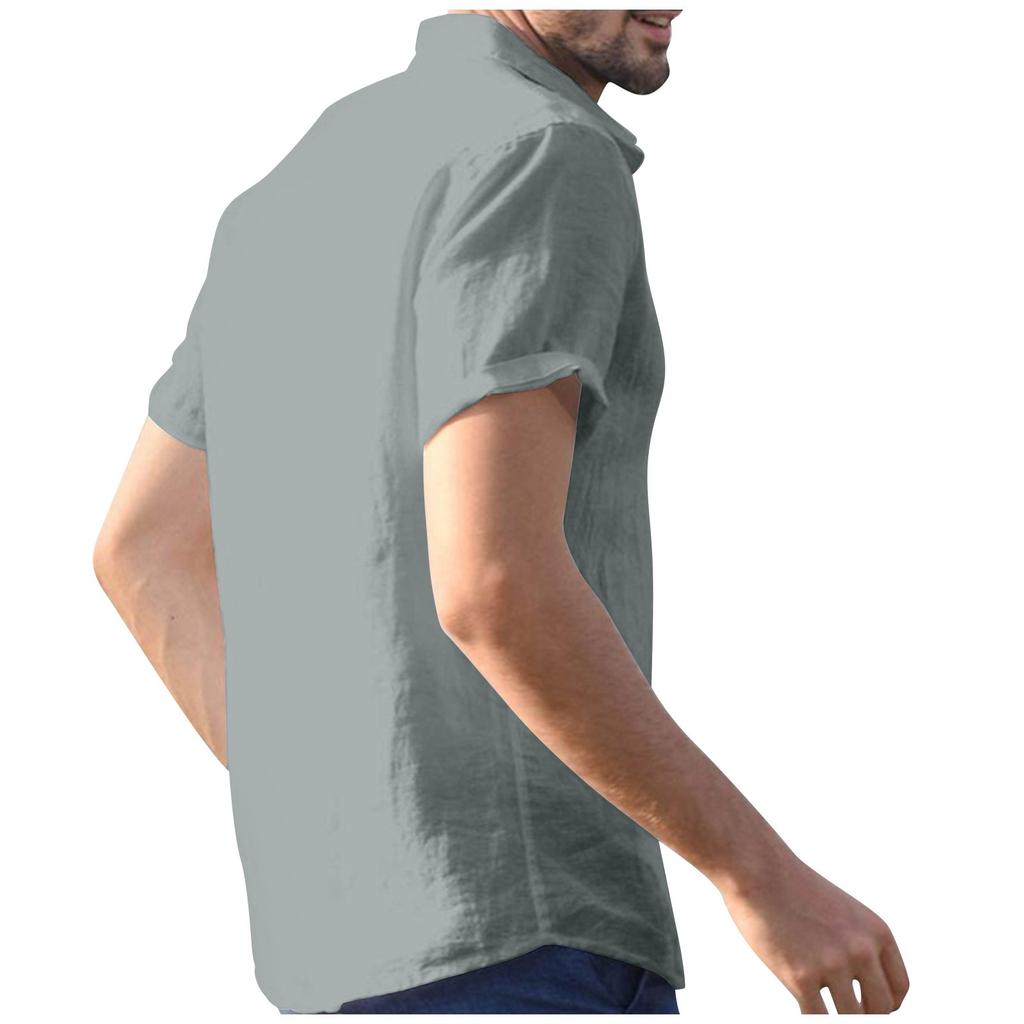 Summer Men's Lapel Button Short Sleeved Cotton Linen Shirt Casual Top
