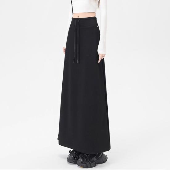 Women Sport Skirt High Waisted Adjustable Drawstring Long Skirt with Hem Slit Pure Color Slimming Design Casual Athletic Skirt