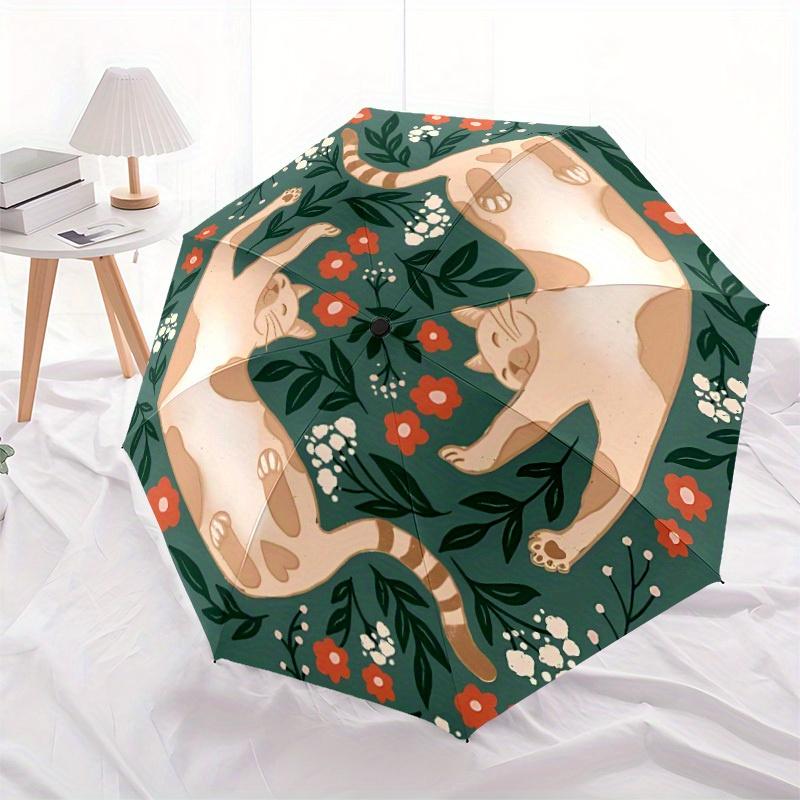 1pc Floral Cats Automatic Open/Close Umbrella, Portable Folding Umbrella for Travel, Themed Events, It is suitable as a gift for various festivals, Ou