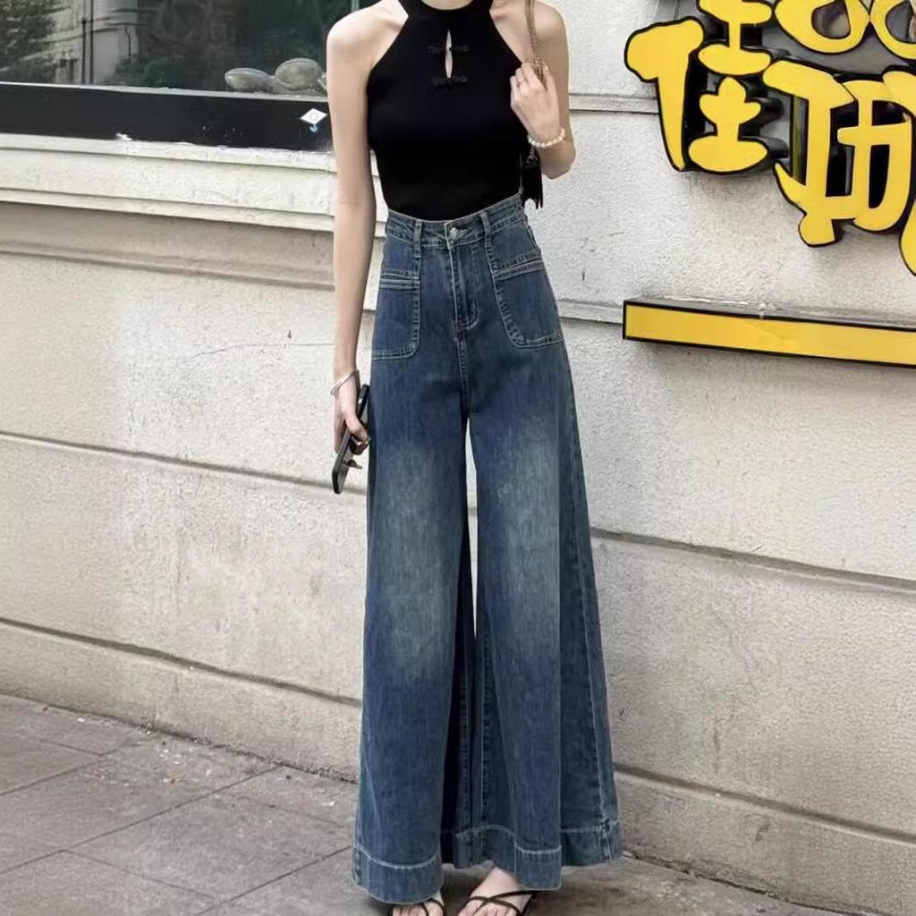 Shisanhang Damen Dunkelblaue High-Waist Wide-Leg Jeans - 2024 Sommer Drapierter Wisch-Look