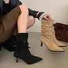 2025 Fashion Slim Heel Single Boots Pointed Toe Suede Metal Buckle Anti-Slip Wear-Resistant High Heel Booties