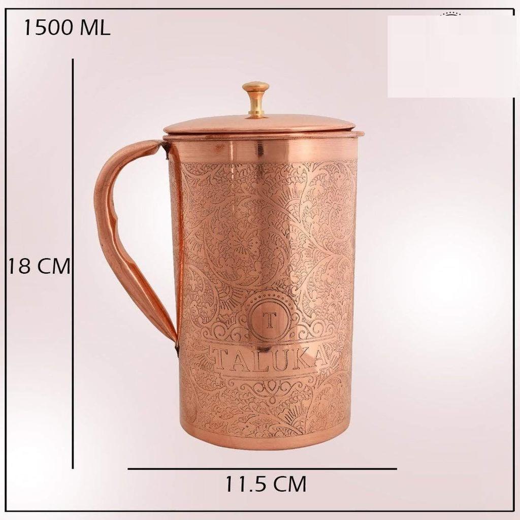 Handmade Copper Etching Embossed Jug & Glass Set 1500 ML Jug with 2 Copper Glass Pitcher for Storage Water & Serving Ware Set of 3