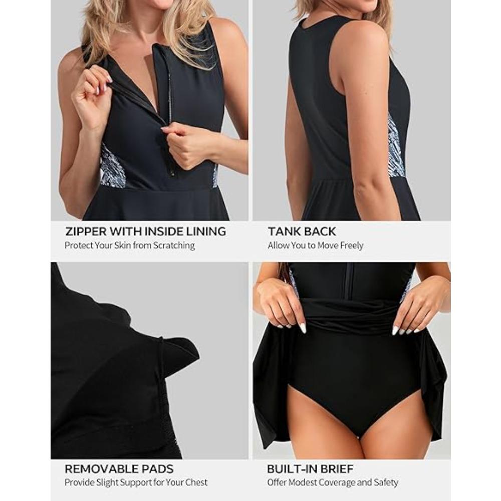 Charmleaks Womens One Piece Swim Dress Athletic Swimsuits Modest Bathing Suit Zip Up Swimdress
