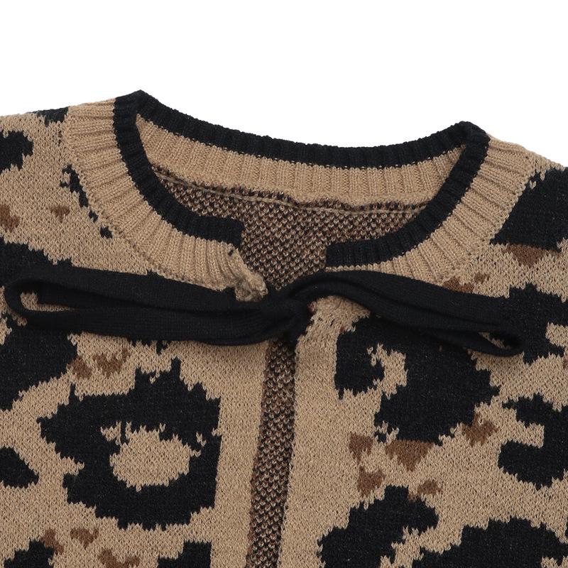 2026 Autumn/Winter Leopard Print Lace-up Round Neck Cardigan Sweater