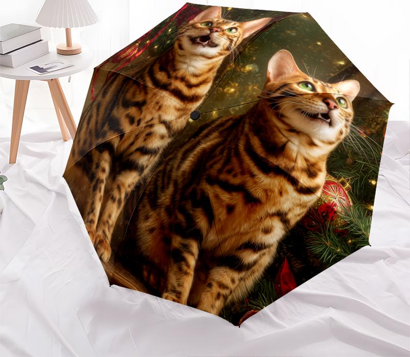 Weihnachtskatze, automatischer Regenschirm, tragbares und faltbares Design, 8 Schirmstäbe, ein Weihnachts- oder Geburtstagsgeschenk.